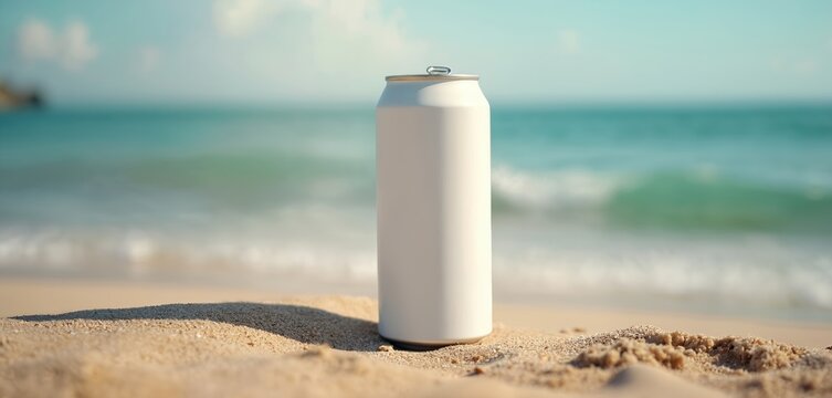 White aluminum can sits on a sandy beach near gentle ocean waves. A symbol of drink refreshment or environmental waste polluting natural seaside settings.