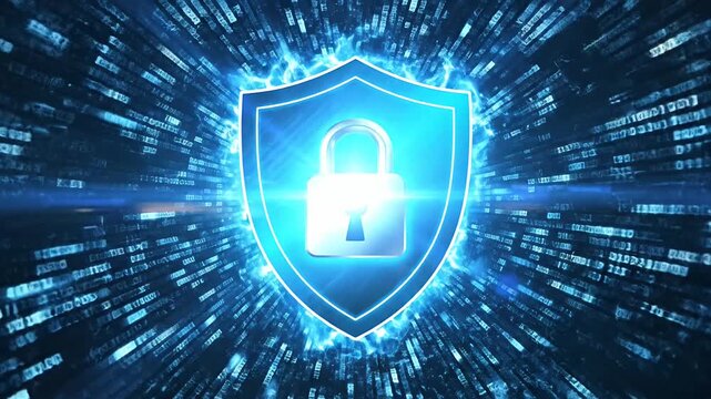 Blue digital shield and padlock in data tunnel