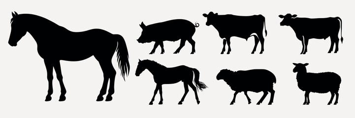Obraz premium Silhouettes of various farm animals vector set