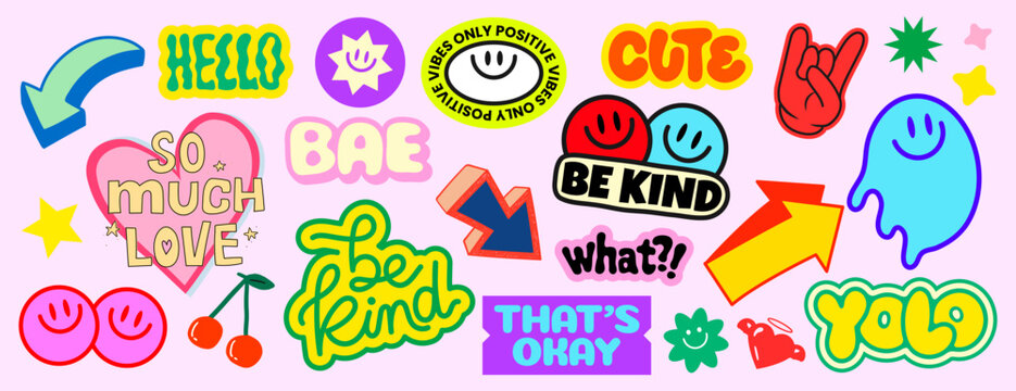 Colorful playful stickers positivity vector set