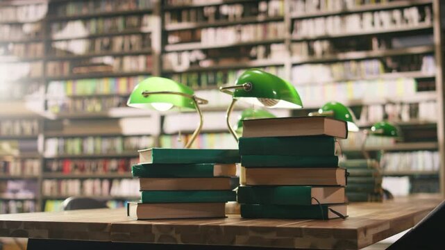 Pile of hardcover books on wooden desk in empty college library, copy space of stacked books on table in quiet reading room with classic academic study environment, Selective focus.