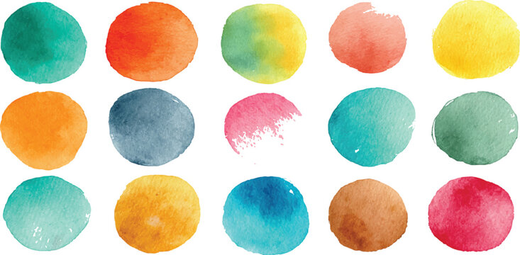 Set of colorful watercolor paint splashes and ink splatters with vibrant rainbow colors on watercolor circles brash multicolored. watercolor on white background. colorful watercolor circles brash mult