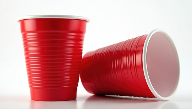 Two red plastic cups with white rims rest on a white surface. One cup stands upright, the other lies on its side. These disposable containers are often used for parties.