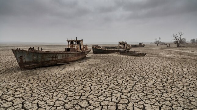 Photorealistic scene of rusty abandoned boats stranded on a cracked dried up lake bed