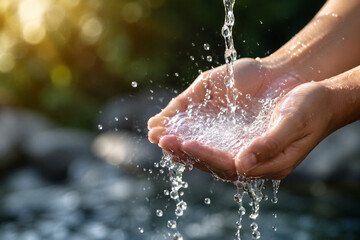 Fototapeta premium AI generated fresh water flowing into cupped hands symbolizing conservation sustainability hydration wellbeing environmental care precious natural resources