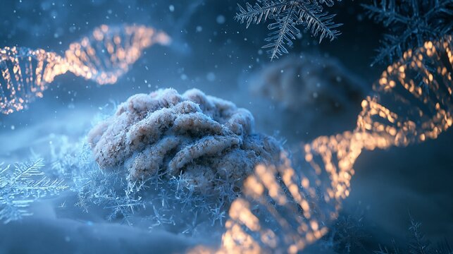 A macro view of fossilized animal droppings preserved in Arctic ice, with luminous DNA helixes and frost crystals around it; curious mood, icy blue lighting, centered scientific composition.