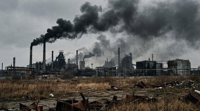 Detailed realistic image of an old rusty industrial complex emitting dark smoke into the sky