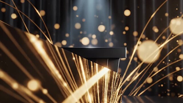 Elegant black podium on a dramatic stage with golden light trails across the dark background