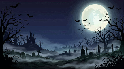 Fototapeta premium Spooky Halloween Night Scene with Full Moon Bats Haunted Castle and Graveyard