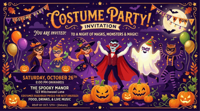 Halloween Costume Party Invitation with Dancing Characters and Pumpkins