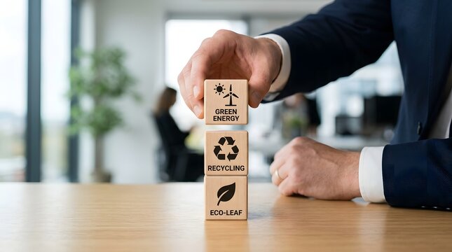 Man in suit placing eco friendly wooden blocks on office table