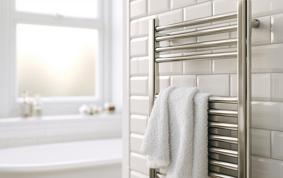 Modern chrome towel warmer rack in a clean bathroom. White fluffy towel hangs on heated rails next to white tiled wall