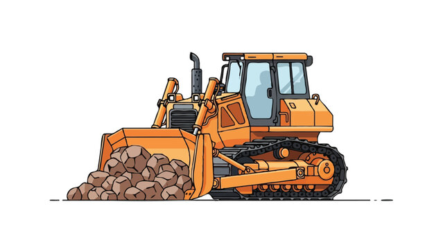 Yellow crawler bulldozer pushing rocks flat vector illustration isolated on white background