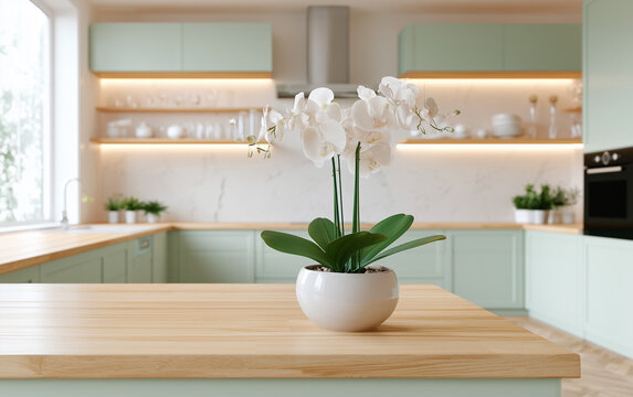Modern kitchen interior with light wood tabletop, white orchid flower. Kitchen features teal cabinets, marble backsplash, warm LED lighting