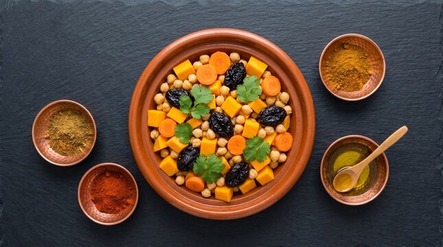 Flat lay of Moroccan vegetable tagine ingredients, Clay pot with chickpeas and squash on slate background, Traditional meat free recipe mockup, Overhead view banner