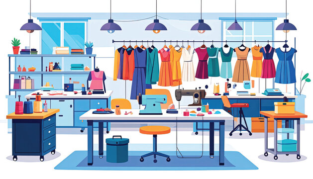 Fashion design workspace with garments.