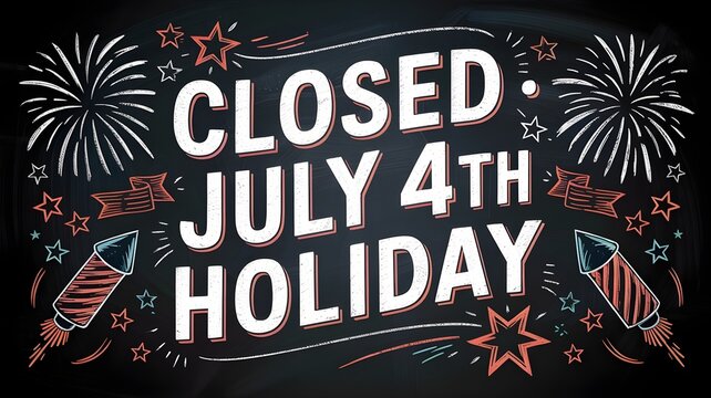 Closed july 4th holiday sign on chalkboard background with fireworks and rocket illustrations for independence day celebration