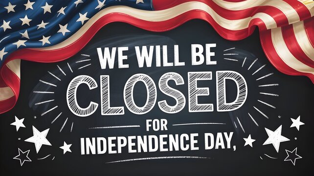 Independence day closure sign with american flag and chalkboard style text, 4th of july holiday announcement for business or office closure