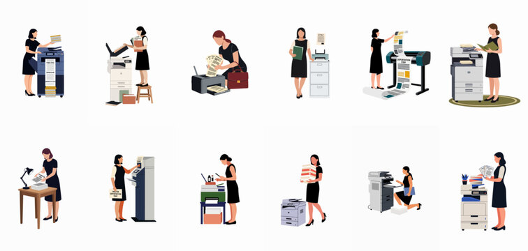 Set of flat illustrations showing female office workers operating various printers and copiers while managing legal documents and deportation stay paperwork.