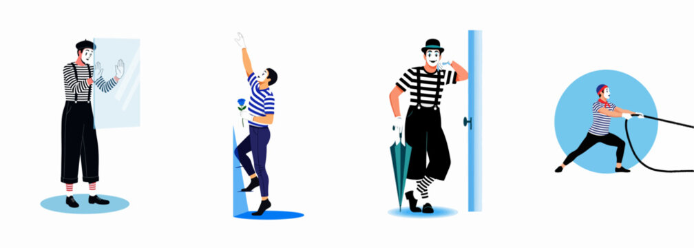 Set of professional mimes in classic poses including touching a glass wall, climbing an invisible ladder, and pulling a rope.