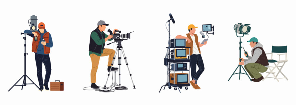Flat vector illustration of a professional film production crew, including a cameraman, lighting technician, sound operator, and director working on a set.