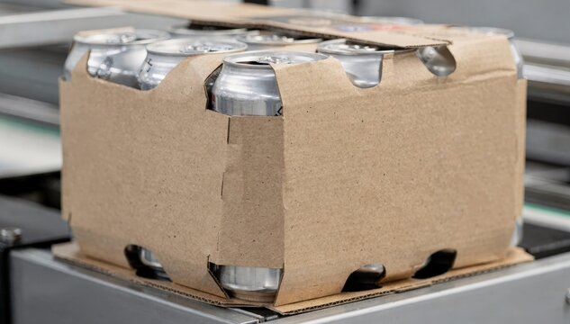 Closeup medium shot capturing the seamless application of paperboard multipack sleeves bundling beverage cans emphasizing convenience and retail display appeal.