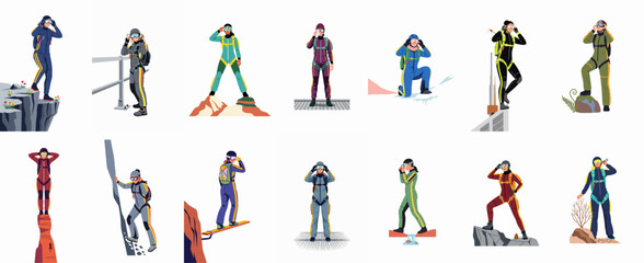 Set of characters in skydiving and BASE jumping gear, standing on cliffs, mountains, and buildings, ready for extreme sports adventure. © Limo
