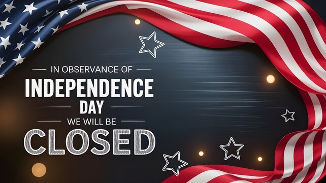 Independence day closure sign with american flag background 4th of july holiday notice with patriotic design, stars and stripes, and text space for business hours