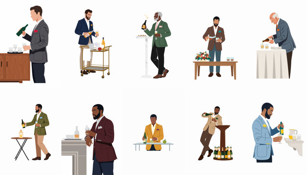 Flat vector illustration set of elegant men in formal attire pouring and enjoying various alcoholic beverages like wine and champagne at a social event.