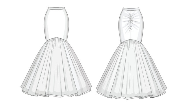 Elegant Long Mermaid Fishtail Skirt Technical Drawing Set for Fashion Design Apparel Flat Sketch Template