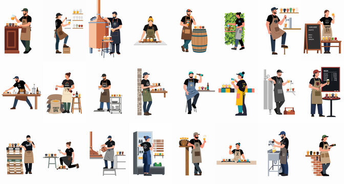 Comprehensive collection of craft brewery workers, bartenders, and brewers performing various tasks in a modern brewery and taproom setting.