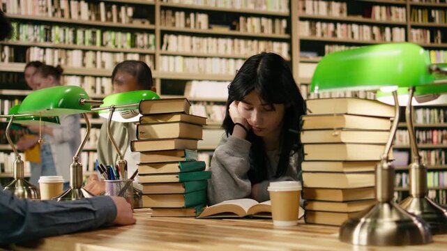 Stressed woman student reading from open book between tall stacks in university library, resting head on her hand during exam preparation and coursework at wooden desk, supporting study session.