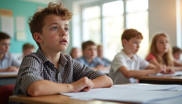 Young boy with curly hair concentrates in classroom. Diverse students sit at desks, learn together in bright school room. Focused children pay attention during lesson time.