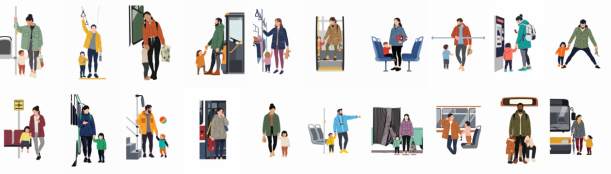 Diverse collection of flat vector illustrations featuring parents and children commuting on public buses and trains in various urban travel scenarios.