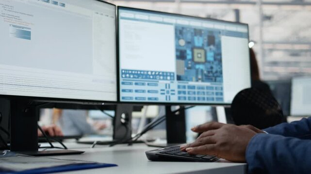 Technician analyzing PCB architecture on PC screen in semiconductor factory office, worker monitoring microchip components fabrication operations on computer in R&D workplace.