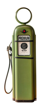 Vintage green gasoline pump of old gas station. Petrol pump filling nozzles isolated on white background. Classic fuel pump for premium car. Benzene and diesel oil storage container for delivery.