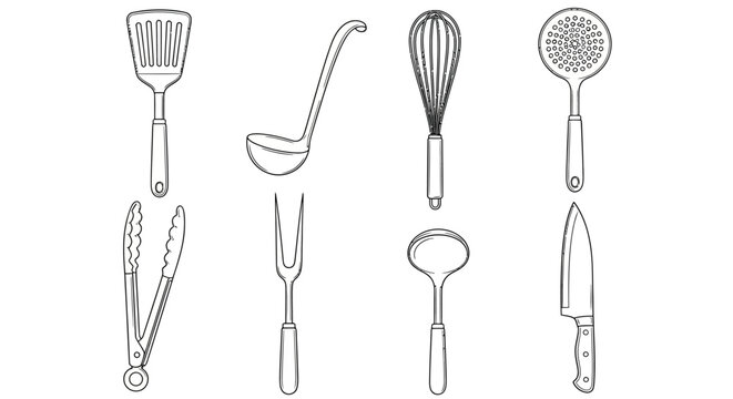 Minimalist Line Art Collection of Essential Kitchen Utensils and Cooking Tools for Culinary Design