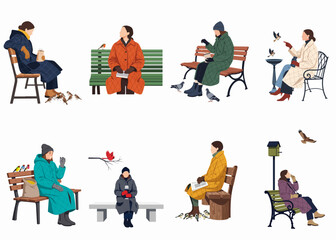 A collection of illustrated people in warm winter coats sitting on park benches while feeding and observing various garden birds. © Papat