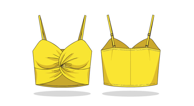 Women Stylish Yellow Twisted Front Sleeveless Crop Top Technical Flat Sketch Template for Clothing Design