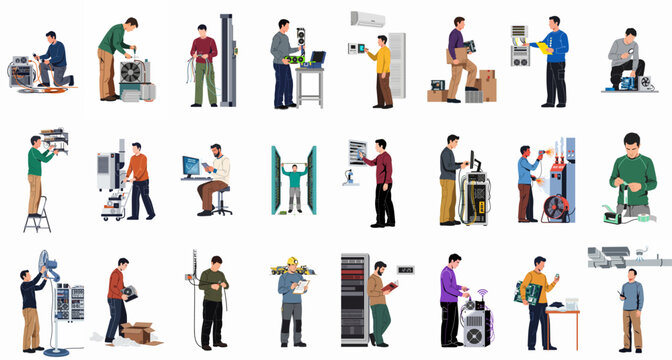 Collection of diverse technicians and engineers performing maintenance, repair, and installation tasks on computer hardware, networking equipment, and industrial systems.