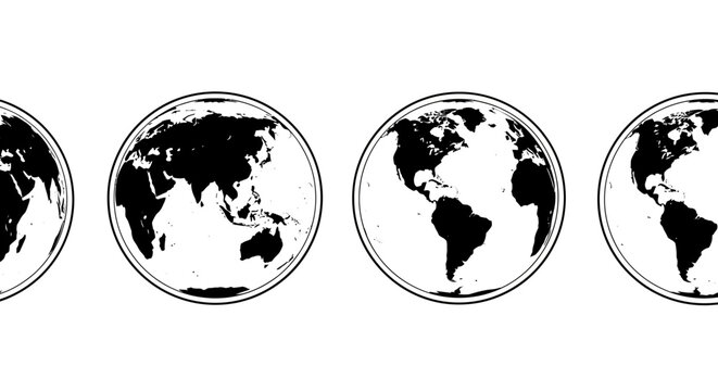 Set of black and white circular Earth globe illustrations, each displaying unique continental arrangements, symbolizing global reach, diversity, and varied world perspectives