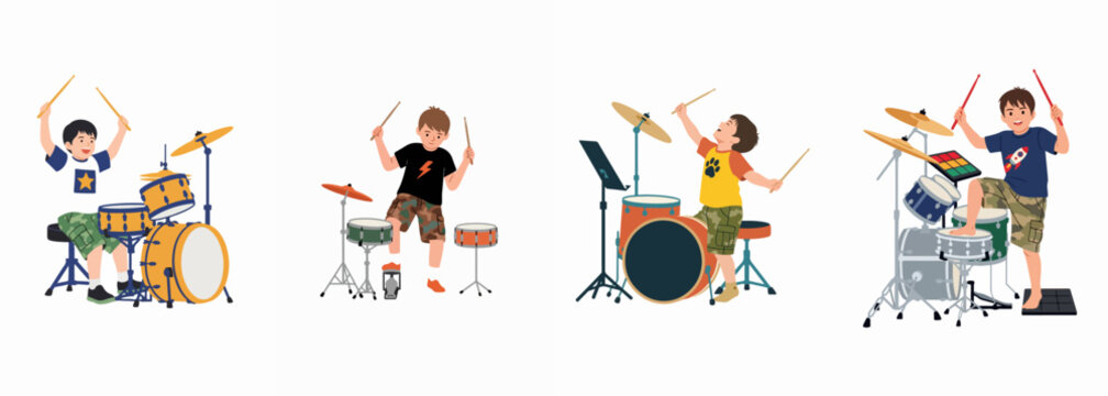 Set of four illustrations showing young boys happily playing various drum kits and percussion instruments isolated on a white background.