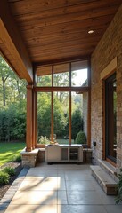 Fototapeta premium Modern patio with wooden accents, stone walls. Outdoor kitchen with grill, countertop. Green garden with trees, bushes outside. Natural light illuminates area. Patio furniture, plants nearby. Outdoor