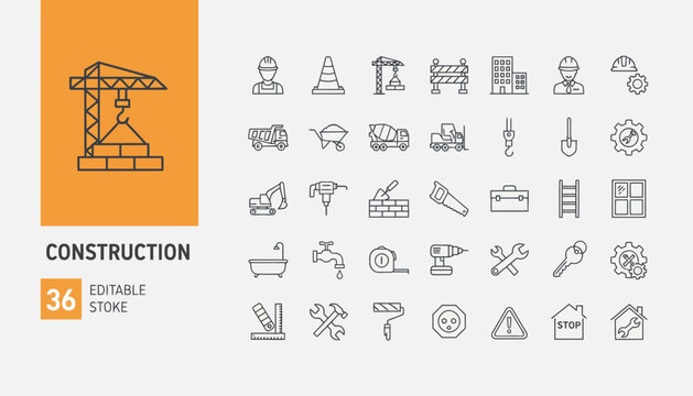Minimalist construction icons including machinery, building tools, and site safety equipment for industrial engineering projects