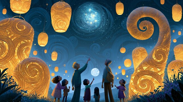 A family gathers outdoors beneath the New Zealand night sky, pointing toward a bright star cluster above woven lanterns and koru motifs. Warm celebratory mood, moonlit lighting, balanced wide