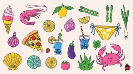 Hand drawn colorful summer stickers and cute icons collection with tropical food fruits vegetables and sea elements © Fatima