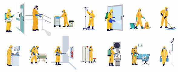 Fototapeta premium Collection of professional cleaners in yellow hazmat suits performing disinfection and sanitation tasks in a hospital setting to ensure safety and hygiene.