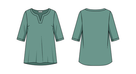 Naklejka premium Women's Casual Green Tunic Blouse with Three Quarter Sleeves and Split Neck Technical Fashion Sketch Front Back