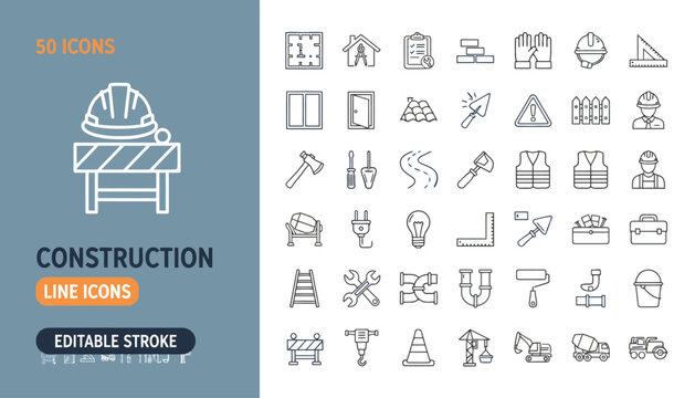 Comprehensive Set of 50 Construction and Building Line Icons for Engineering and Architecture Projects