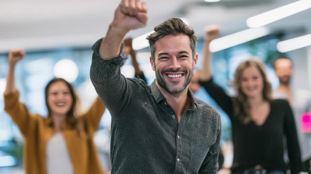 Confident young man smiling and raising his fist in celebration, surrounded by a cheerful team in a modern office. Positive energy and teamwork are evident in this vibrant workspace